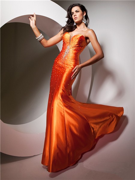 Pretty Mermaid Sweetheart Long Neon Orange Silk Evening Prom Dress Beaded