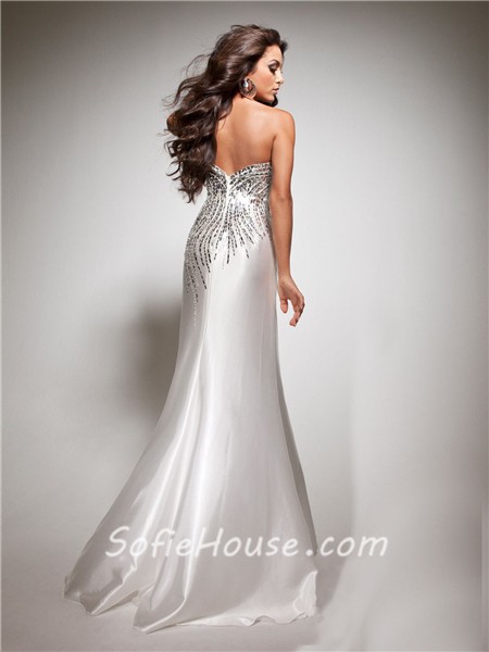 Pretty Sheath Sweetheart Long White Silk Party Prom Dress With Beading