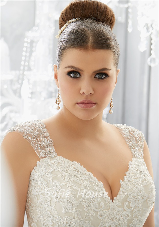 Princess A Line Sweetheart Tulle Lace Plus Size Wedding Dress With Straps