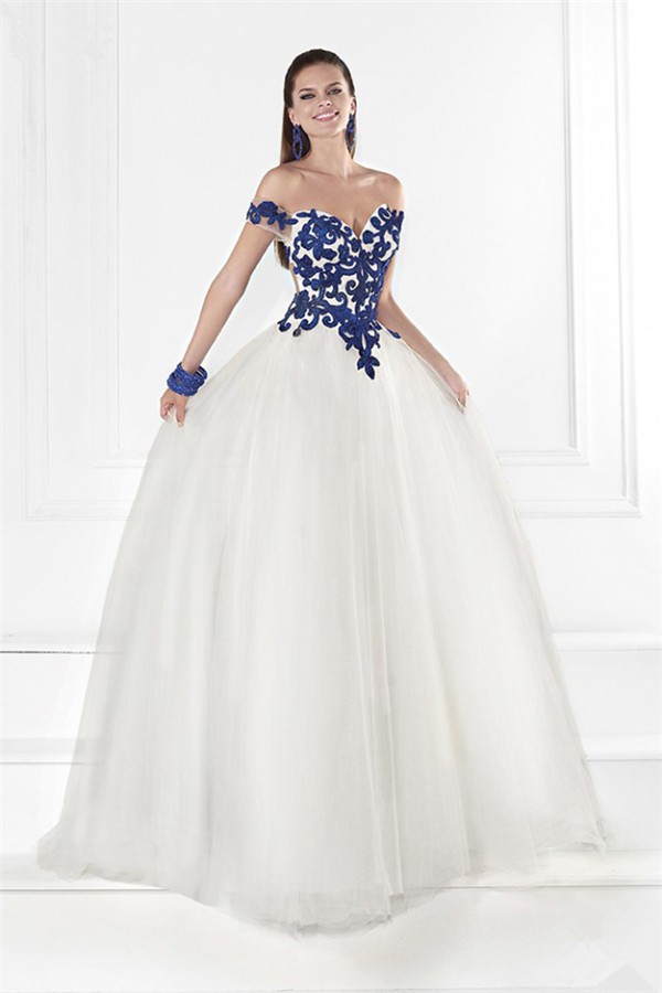 Princess Off The Shoulder Open Back White Tulle Royal Blue Embroidery