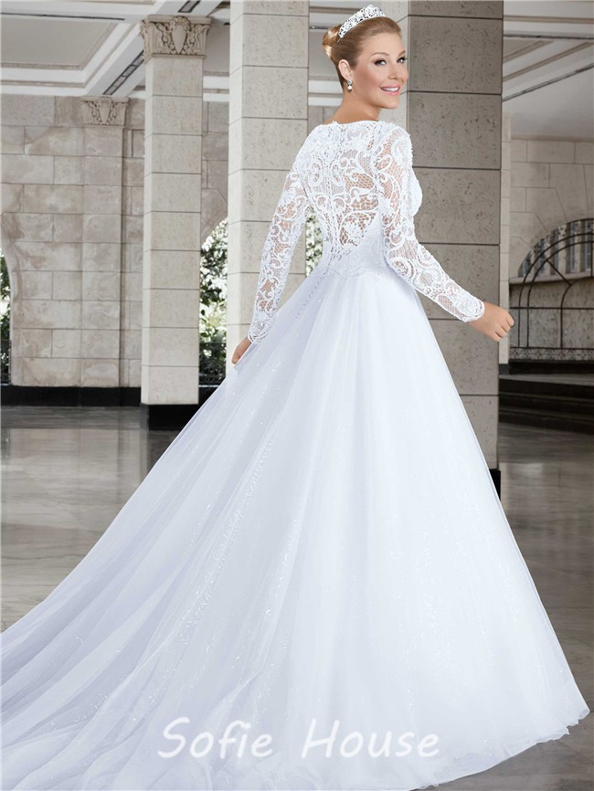 Princess V Neck Long Sleeve Lace Tulle Glitter Wedding Dress