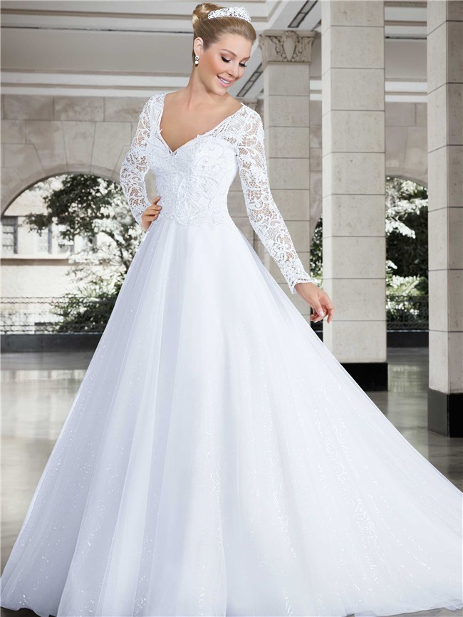 Princess V Neck Long Sleeve Lace Tulle Glitter Wedding Dress