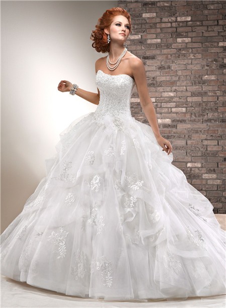 Puffy Ball Gown Strapless Corset Back Beaded Lace Tulle Wedding Dress