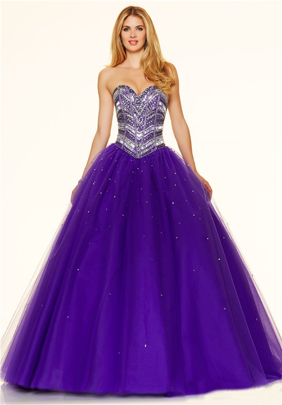 Puffy Ball Gown Strapless Purple Tulle Beaded Sparkly Prom Dress Corset