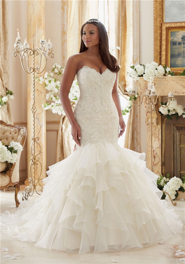 Romantic Mermaid Sweetheart Organza Ruffle Corset Plus Size Wedding Dress
