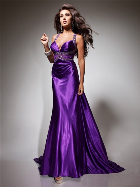 Royal Sweetheart Straps Backless Long Purple Silk Beading Prom Dress With Train