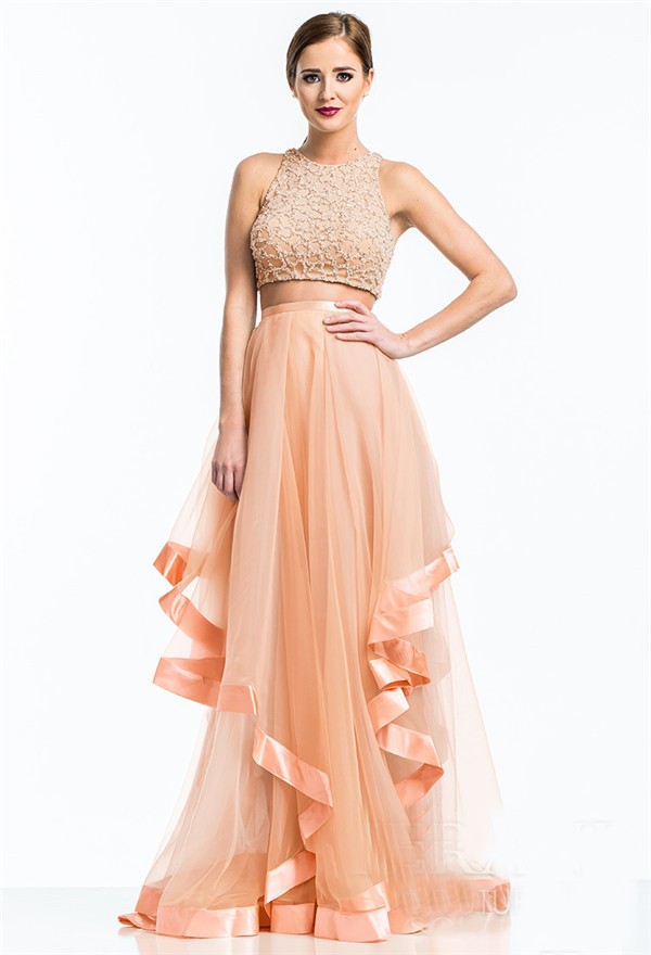 Peach two 2025 piece prom dress