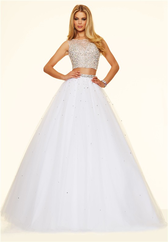 Sexy Ball Gown Open Back Two Piece Long White Tulle Beaded Prom Dress
