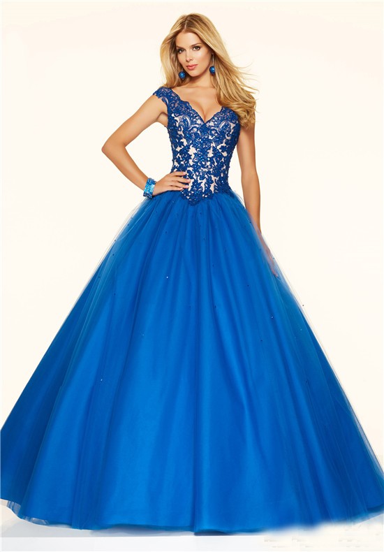 Sexy Ball Gown V Neck Royal Blue Tulle Lace Beaded Prom Dress