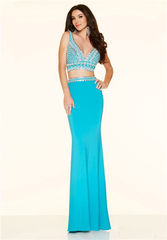 Sexy Mermaid Deep V Neck Two Piece Long Blue Jersey Beaded