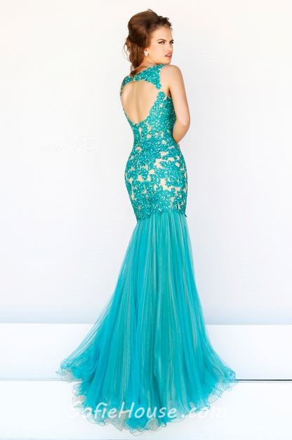 Sexy Mermaid Front Cut Out Open Back Long Turquoise Tulle Lace Beaded ...