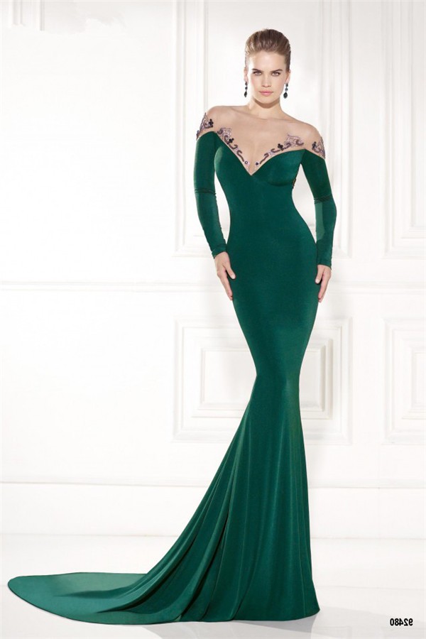 Sexy Mermaid Illusion Neckline Tulle Beaded Green Jersey Long Sleeve