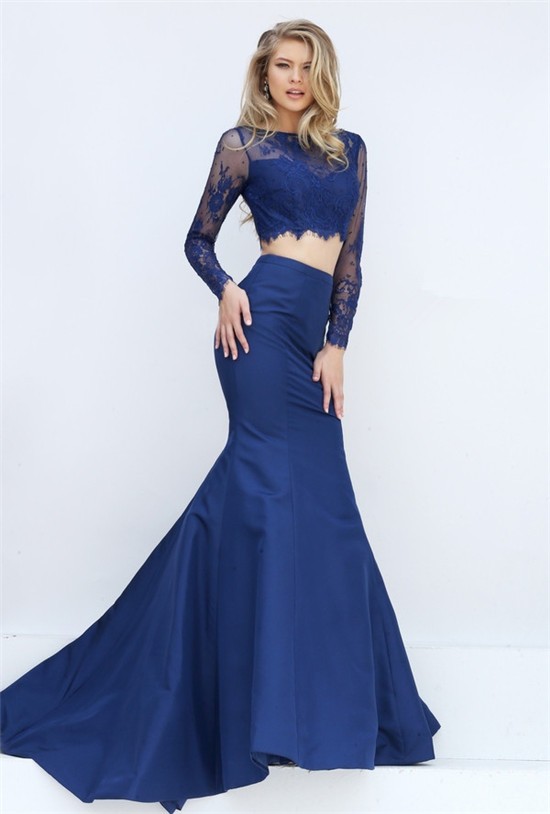 Sexy Mermaid Two Piece Long Sleeve Navy Blue Lace Satin Evening Prom Dress