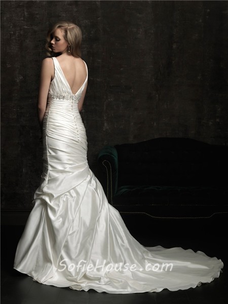 Sexy Mermaid V Neck Empire Waist Ruched Satin Wedding Dress With Train 3930