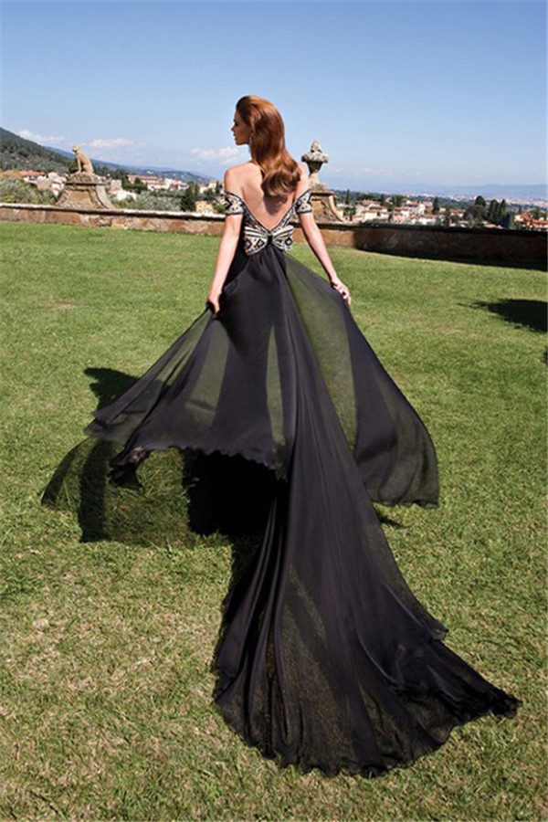 Sexy Off The Shoulder Low Back Black Chiffon Evening Prom Dress With Train