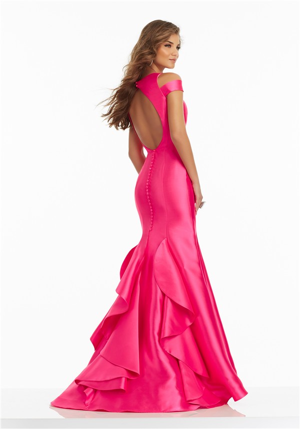 Sexy Off The Shoulder Open Back Hot Pink Satin Ruffle Prom Dress With