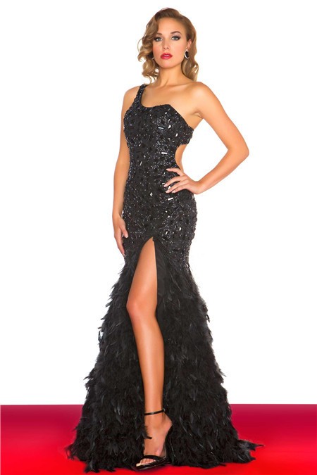 Sexy One Shoulder Backless Long Black Feather Beaded Prom Dress Slit 8635