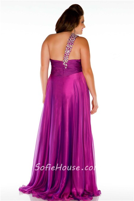 Sexy One Shoulder Long Purple Chiffon Beaded Plus Size Party Prom Dress