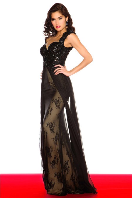 Sexy Sheath Cap Sleeve Backless Long Black Lace Beaded Sequin Evening