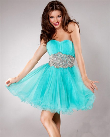 Sexy Short Low Back Aqua Blue Tulle Beaded Sweet Sixteen Cocktail Party ...