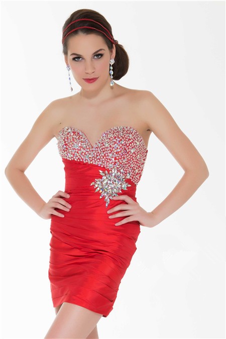 Sexy Strapless Short/ Mini Red Beaded Sequin Cocktail Party Prom Dress