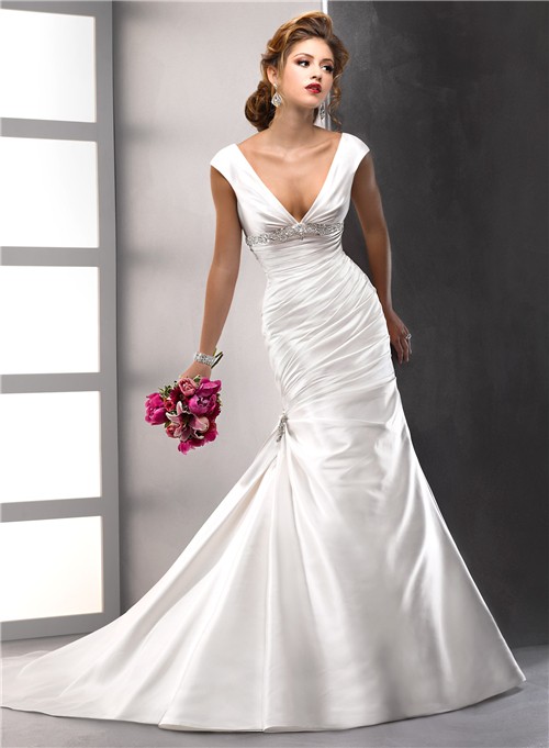 Sexy Trumpet Mermaid V Neck Satin Wedding Dress With Low Back Swarovski Crystals