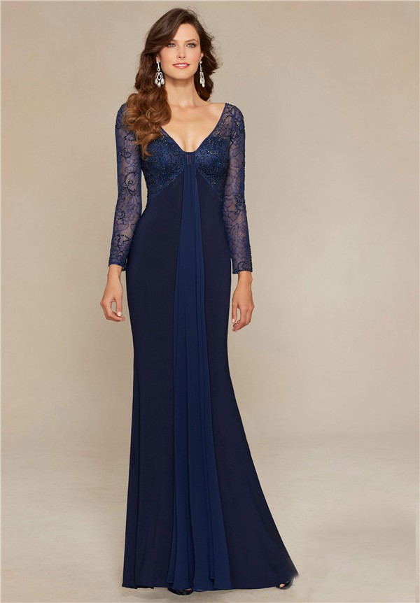 Sexy V Neck Open Back Navy Blue Jersey Lace Sleeve Mother Of The Bride ...