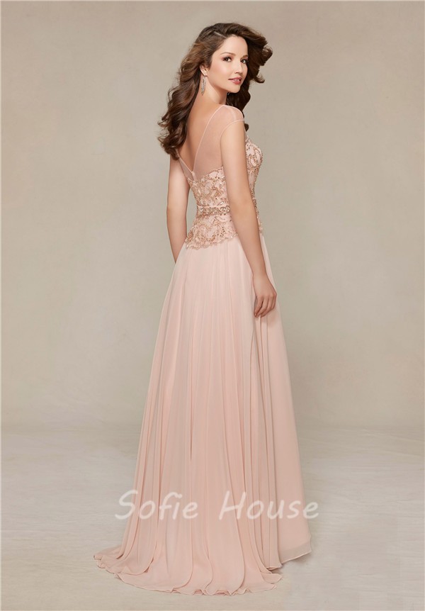 Sheath Bateau Illusion Neckline V Back Long Blush Pink Chiffon Beaded Evening Dress 