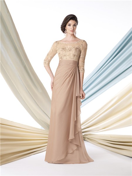 Sheath Boat Neckline Champagne Chiffon Lace Sleeve Mother Of The Bride