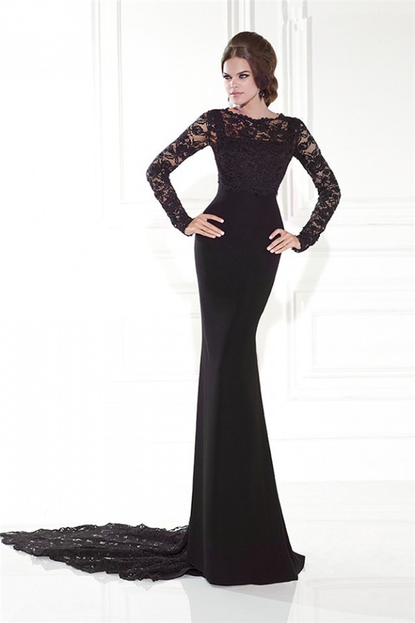 Sheath High Neck Black Satin Lace Long Sleeve Formal Occasion Evening