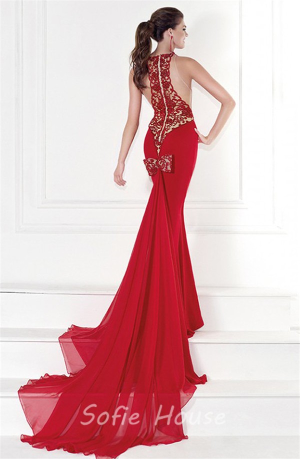 prom dress high neck red overlay