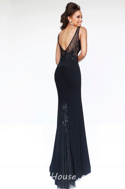 Sheath Illusion Neckline Long Black Chiffon Lace Beaded Evening Prom Dress Open Back 8216