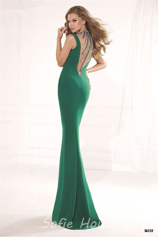 Sheath Jewel Neckline Emerald Green Satin Beaded Evening Prom Dress