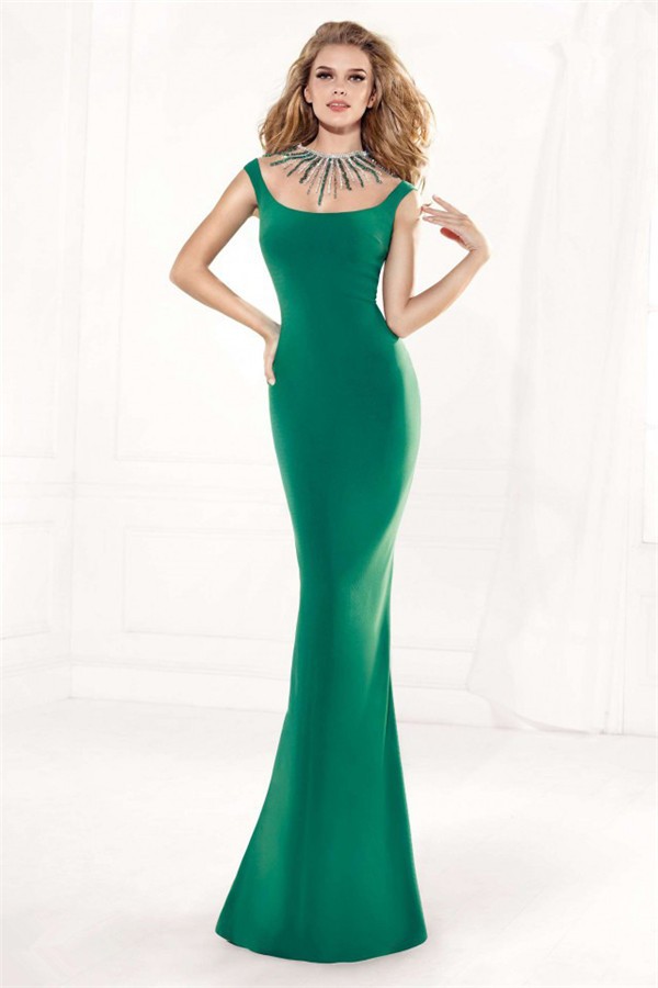 Sheath Jewel Neckline Emerald Green Satin Beaded Evening Prom Dress