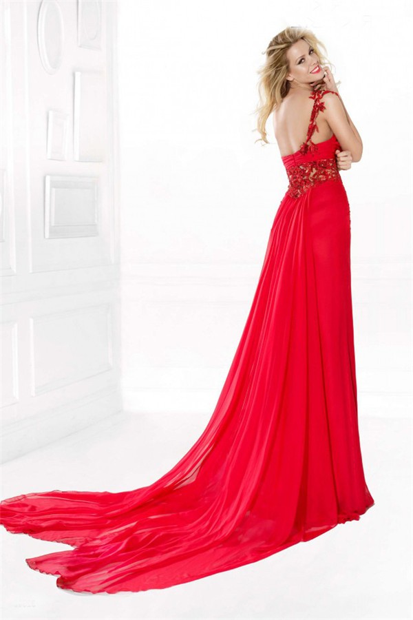 Sheath One Shoulder Long Red Chiffon See Through Beaded Prom Dress