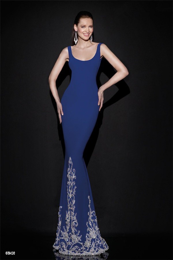 Sheath Scoop Neck Backless Royal Blue Satin Embroidery Evening Prom Dress 3339