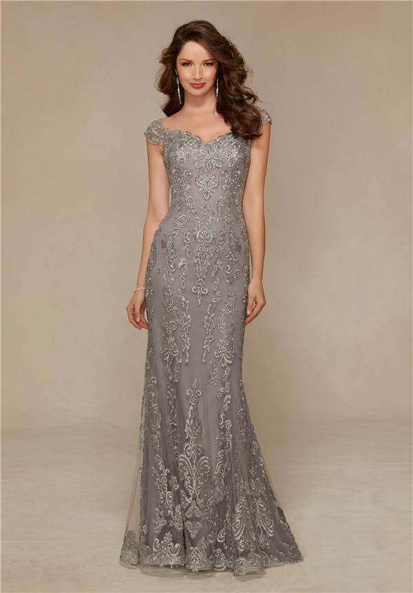 Sheath Sweetheart Cap Sleeve Grey Lace Beaded Formal Occasion Evening Dress