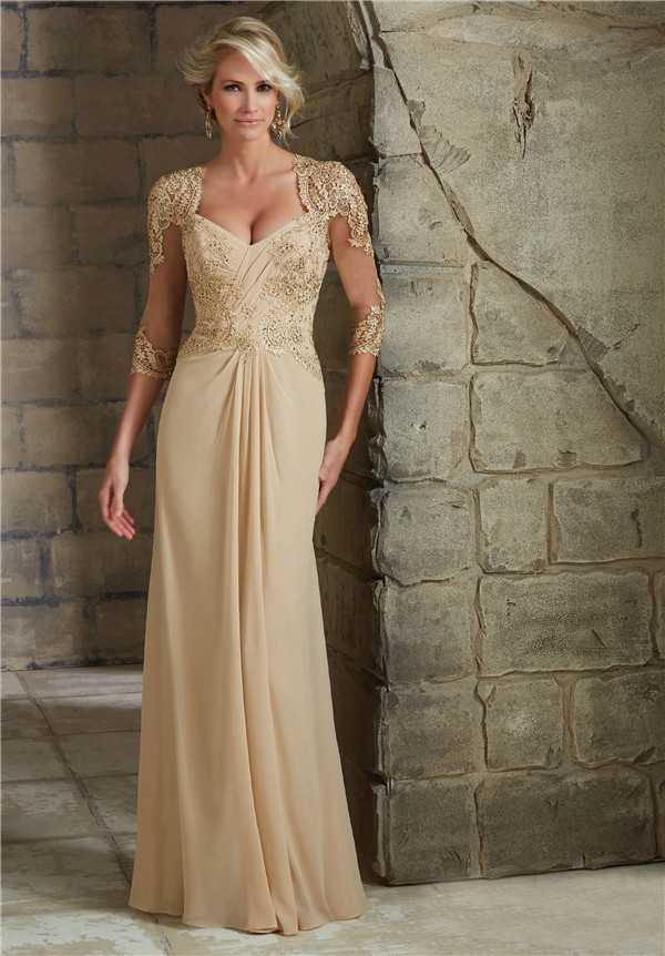 Sheath Sweetheart Open Back Champagne Chiffon Lace Mother Of The Bride Dress With Sleeves 