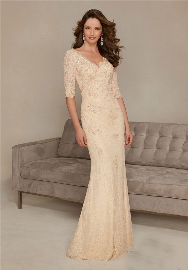 Sheath V Neck Long Champagne Lace Sleeve Mother Of The Bride Evening Dress