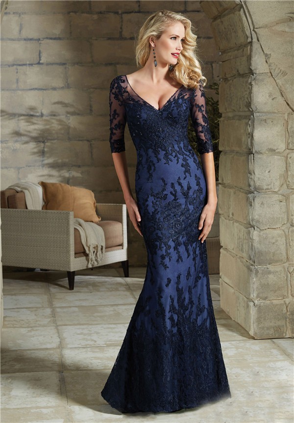 Sheath V Neck Long Navy Blue Lace Beaded Evening Dress With Sleeves
