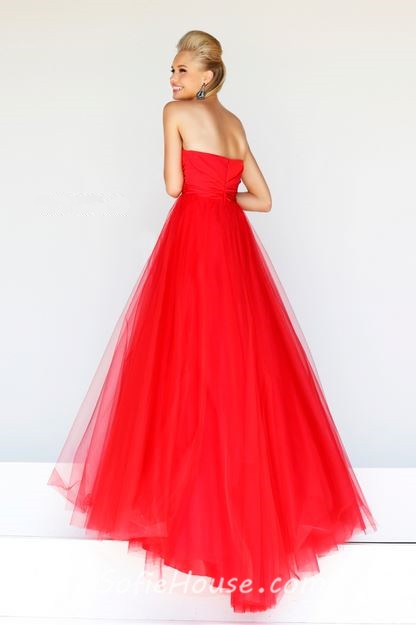 Simple A line Princess Sweetheart Long Red Tulle Prom Dress