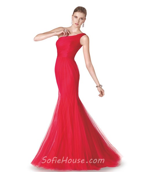 Simple One Shoulder Red Tulle Long Evening Prom Dress