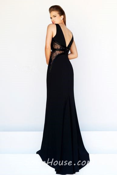 Slim Sheath V Neck Long Black Chiffon See Through Lace Formal Evening Prom Dress 0637