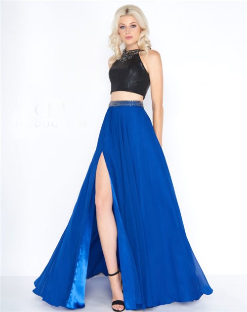 Stunning Jewel Neckline Black And Royal Blue Chiffon Two Piece Prom