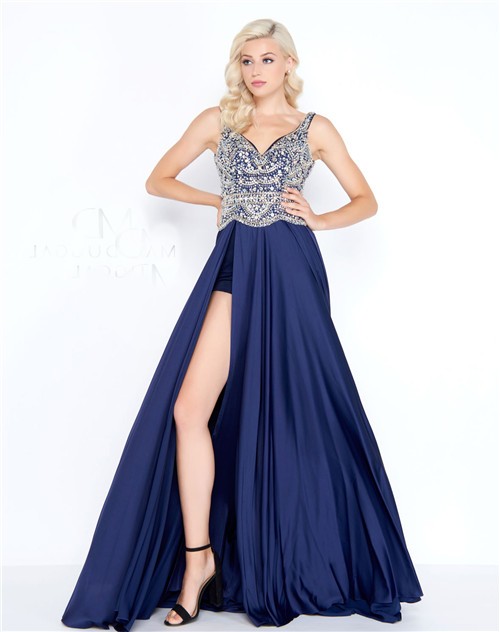 Stunning Sweetheart Open Back High Low Navy Charmeuse Beaded Prom Dress