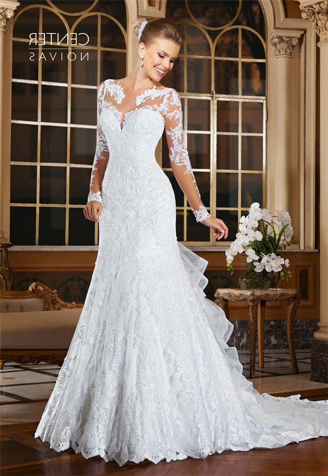 Trumpet Illusion Neckline Long Sleeve Lace Wedding Dress With Ruffle Train