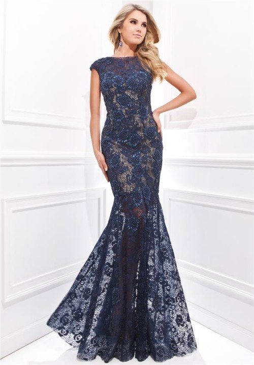 Trumpet Mermaid Sleeved Navy Blue Lace Beaded Prom Dress See Through Skirt