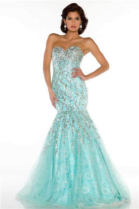 Trumpet Mermaid Sweetheart Long Mint Green Lace Beaded Sequin Prom ...