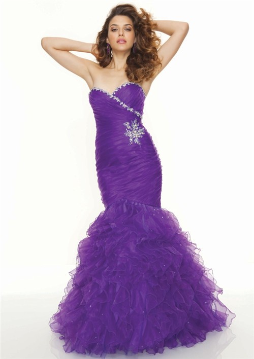 Trumpet/Mermaid sweetheart floor length purple organza prom dress with ruffles