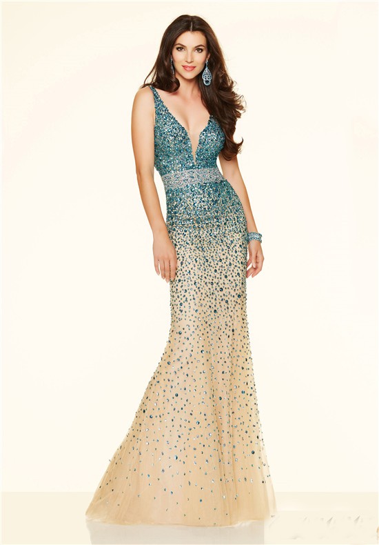 Unique Mermaid Deep V Neck Champagne Tulle Turquoise Beaded Prom Dress